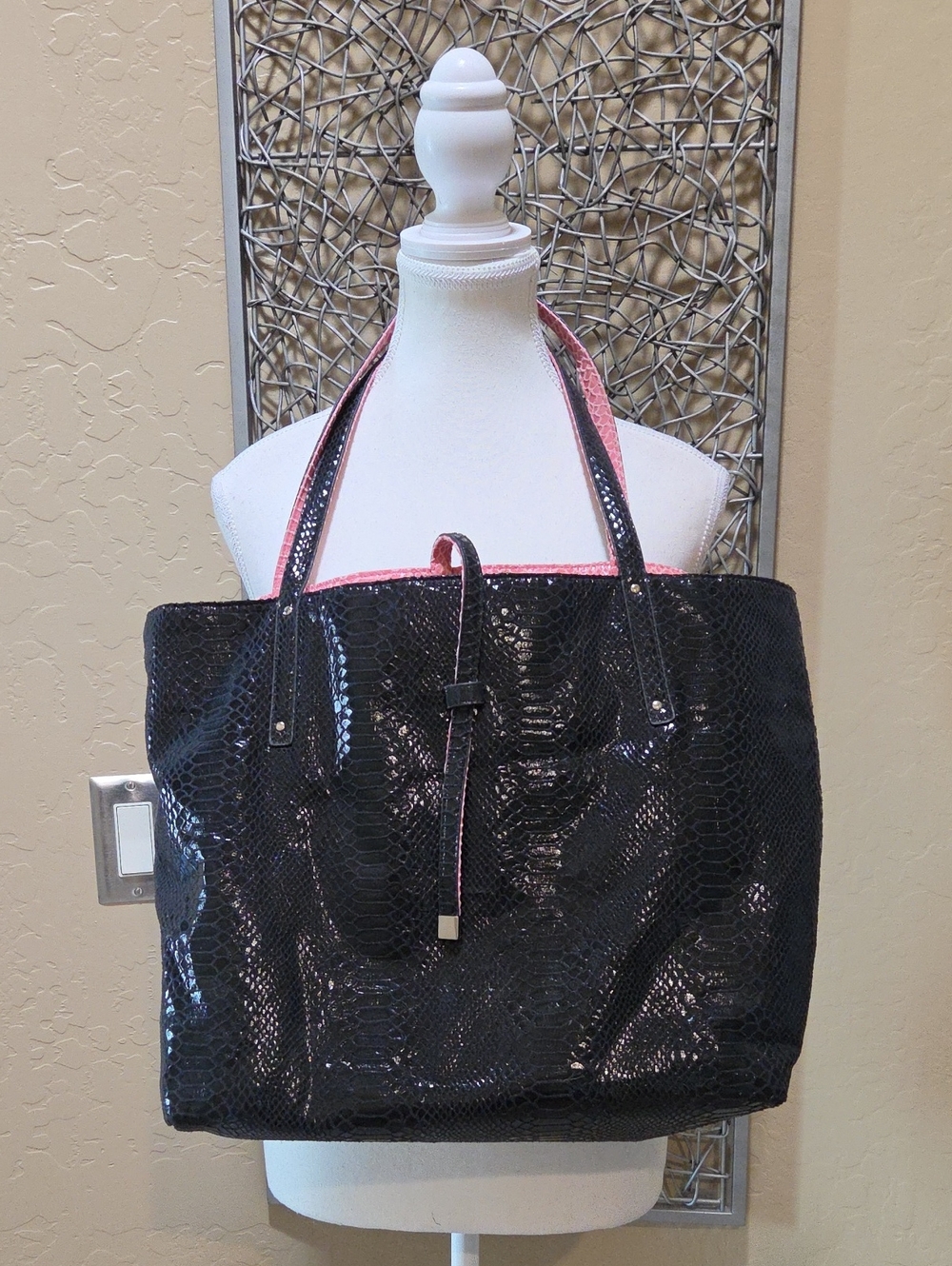 WHBM Black Snake-Embossed Reversible Tote In Black And Pink